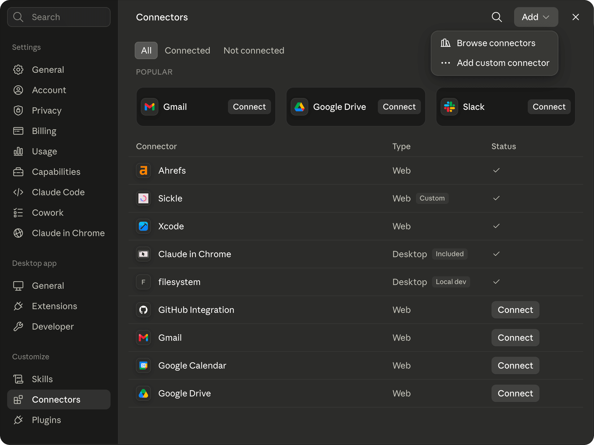 Claude Desktop settings on the Connectors tab, with the Add menu open showing Add custom connector.