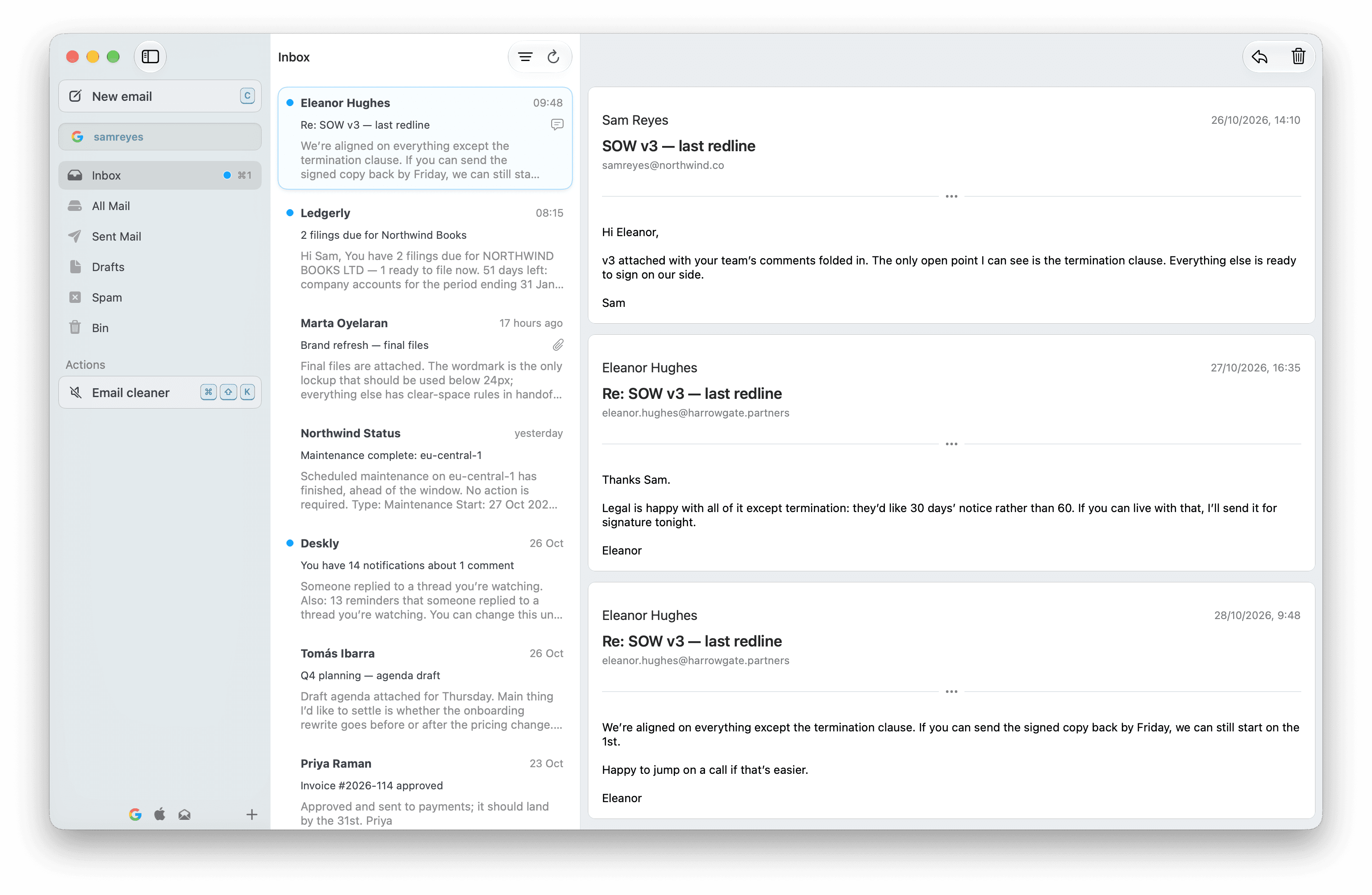 Sickle's main window on the work account: the sidebar with Inbox, All Mail and other folders, the inbox list with Eleanor Hughes's unread reply at the top, and the conversation it belongs to open on the right.
