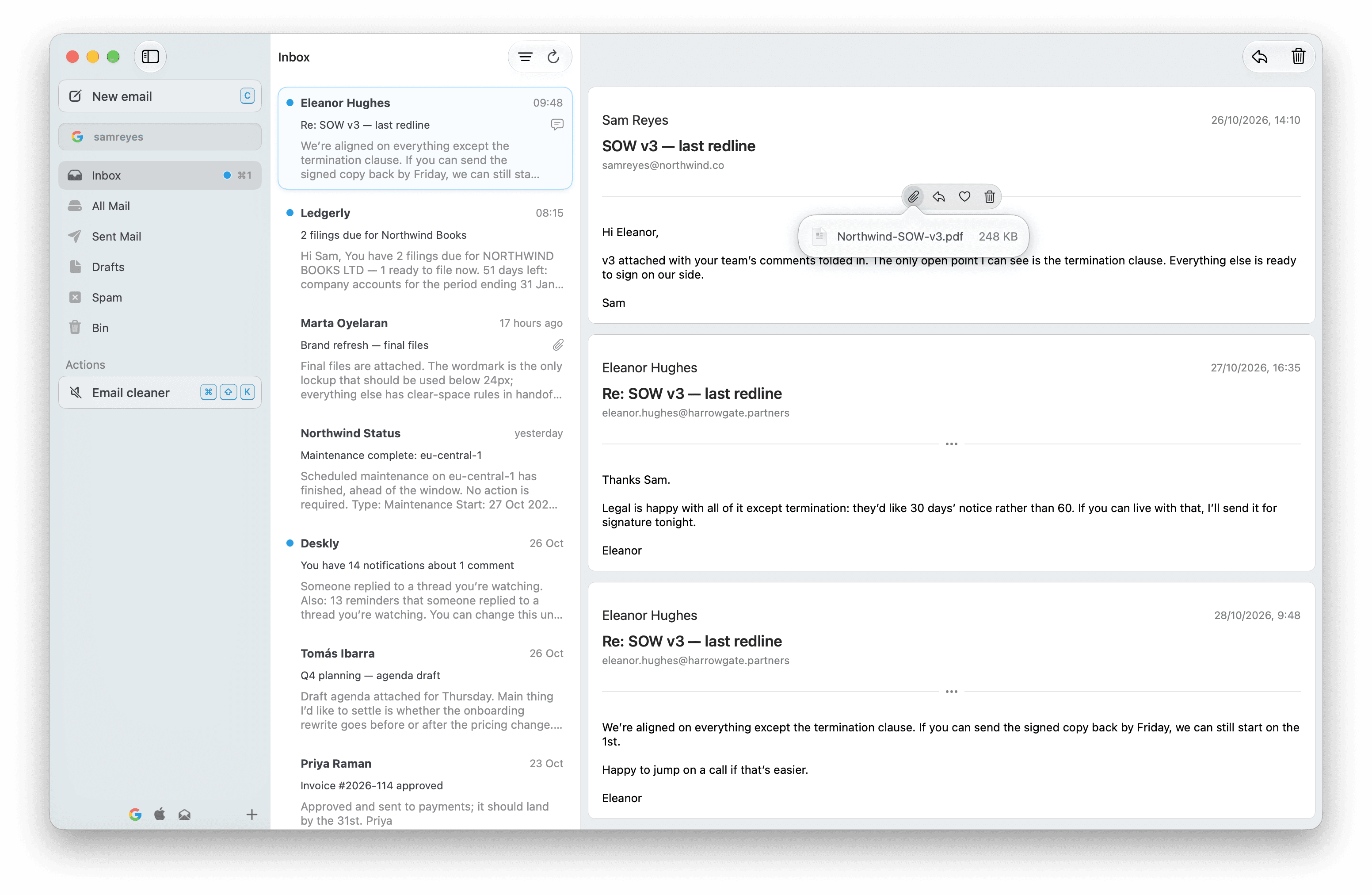 A three-message conversation about a statement of work, with the attachment list open over the first message showing Northwind-SOW-v3.pdf, 248 KB.