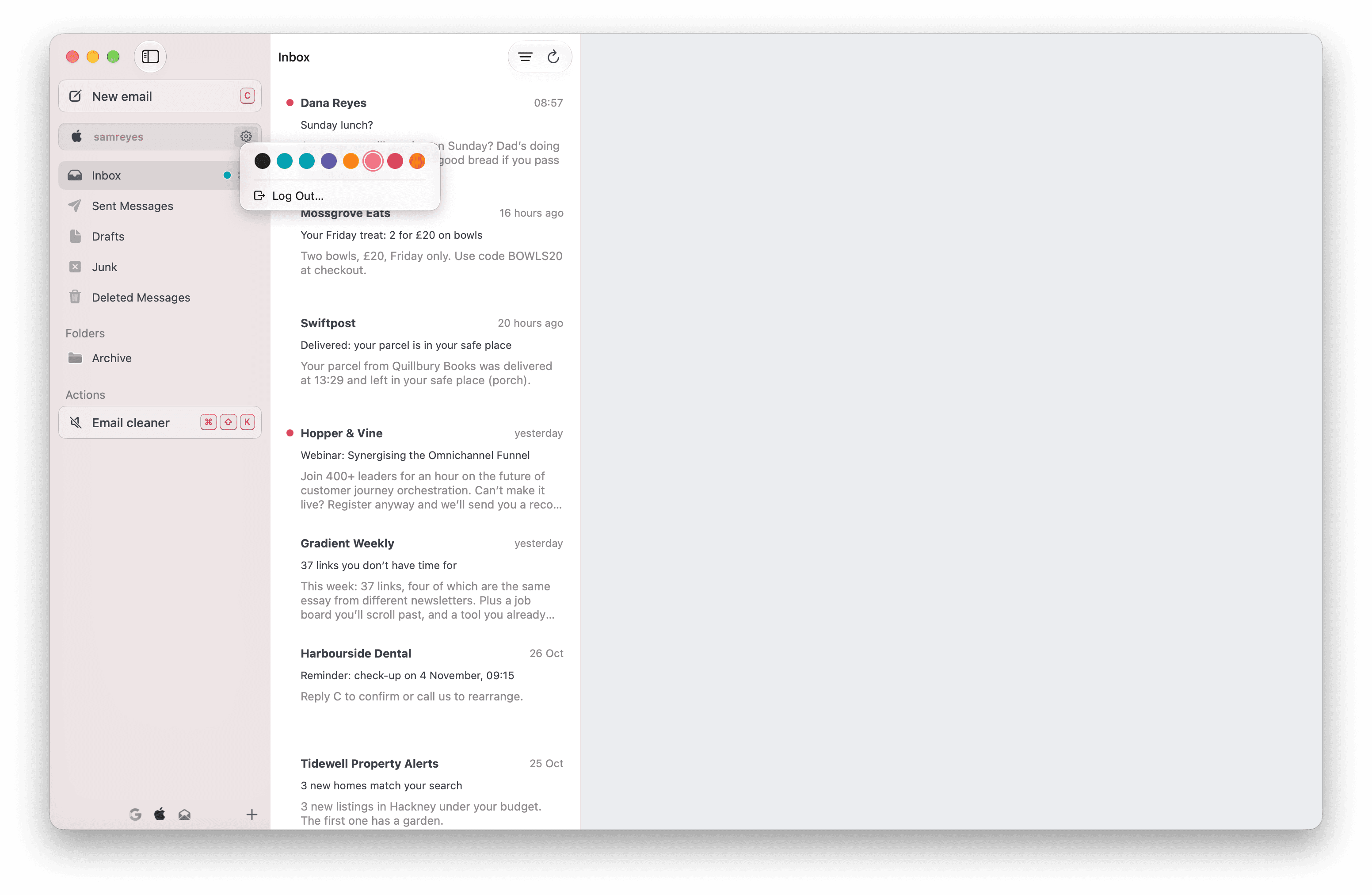 The personal account's menu open in the sidebar, showing eight colour swatches with pink selected, over its pink-tinted inbox.