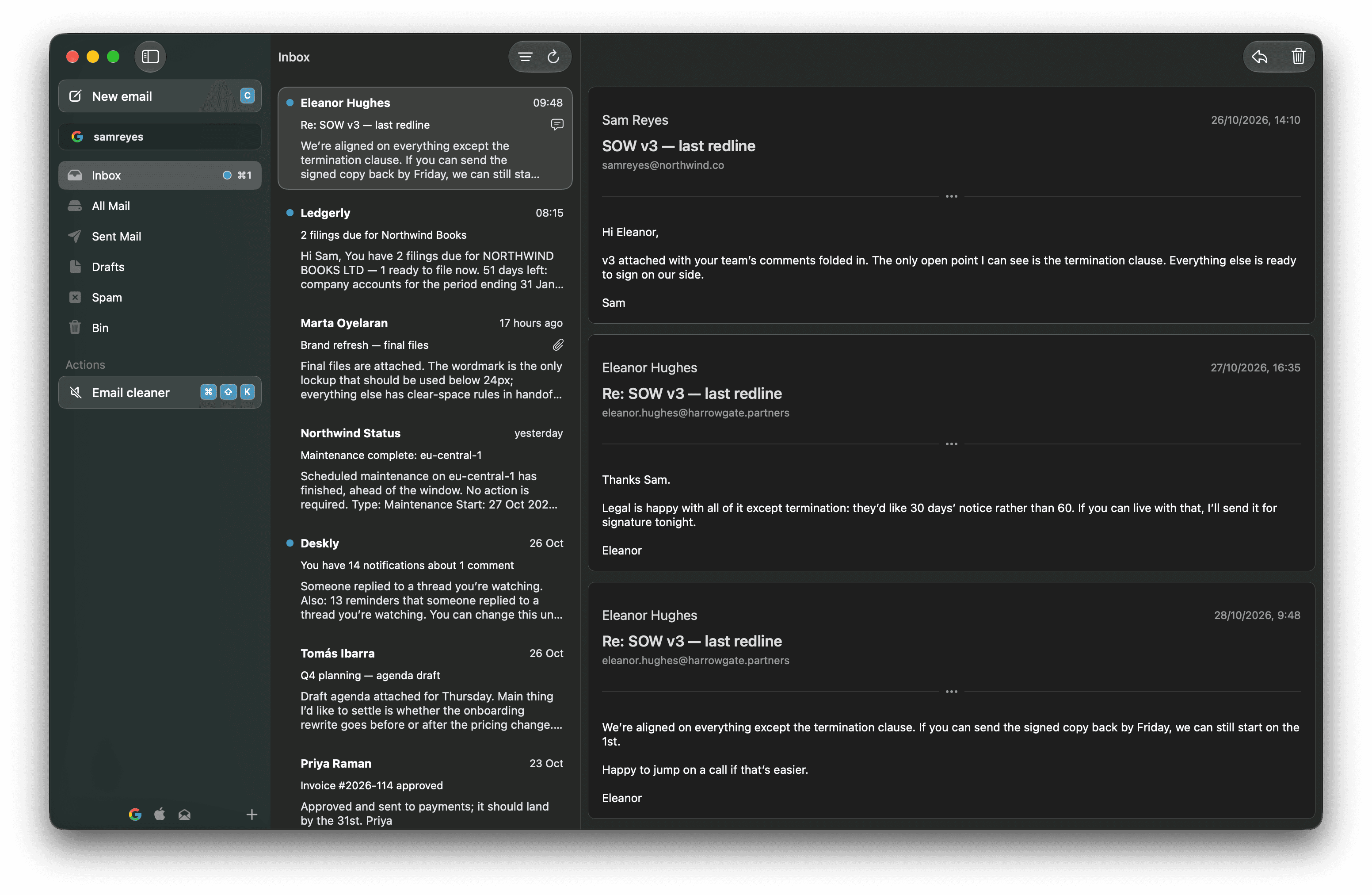 The work inbox and the open conversation from the first screenshot, in dark mode.