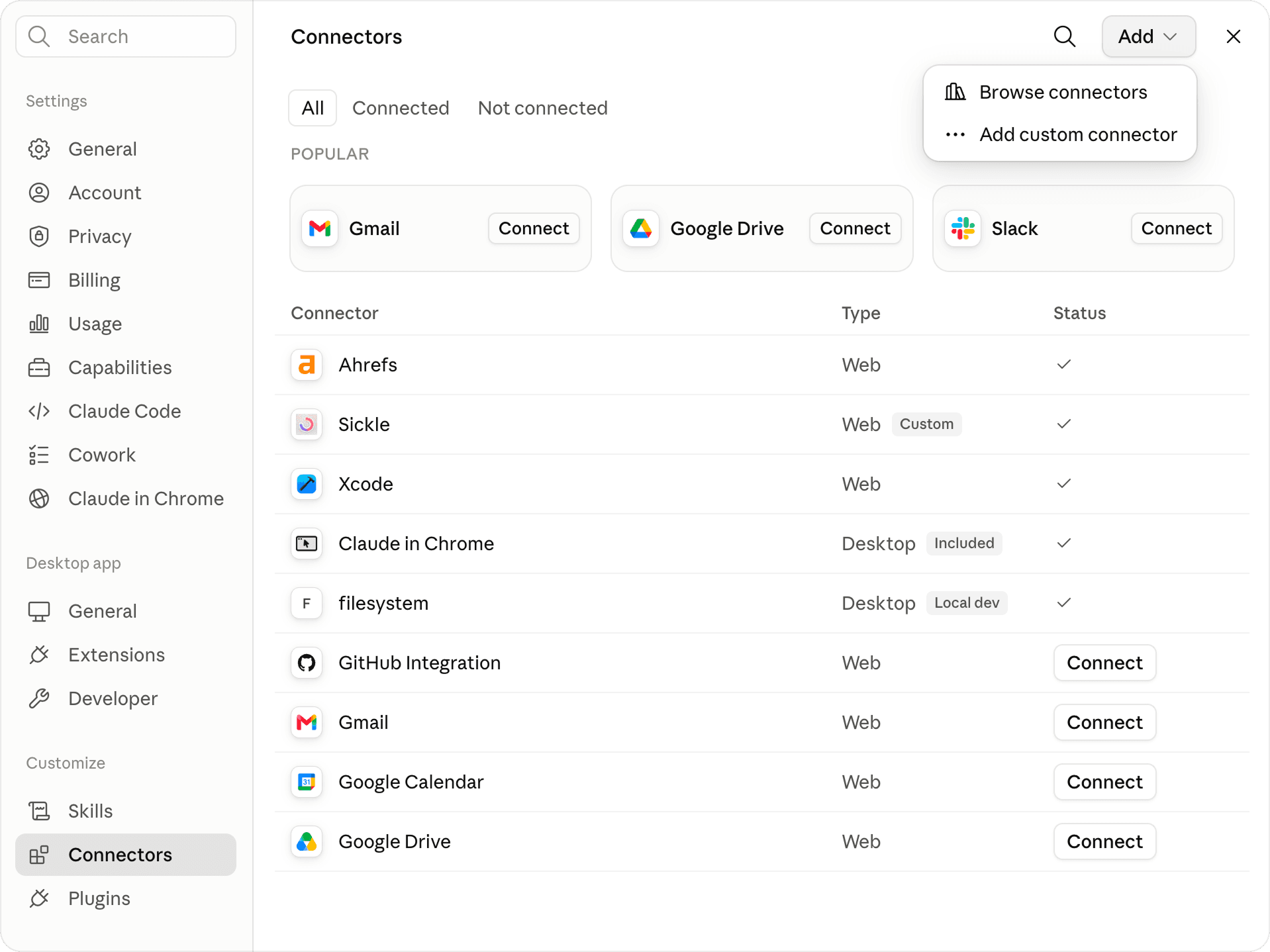 Claude Desktop settings on the Connectors tab, with the Add menu open showing Add custom connector.