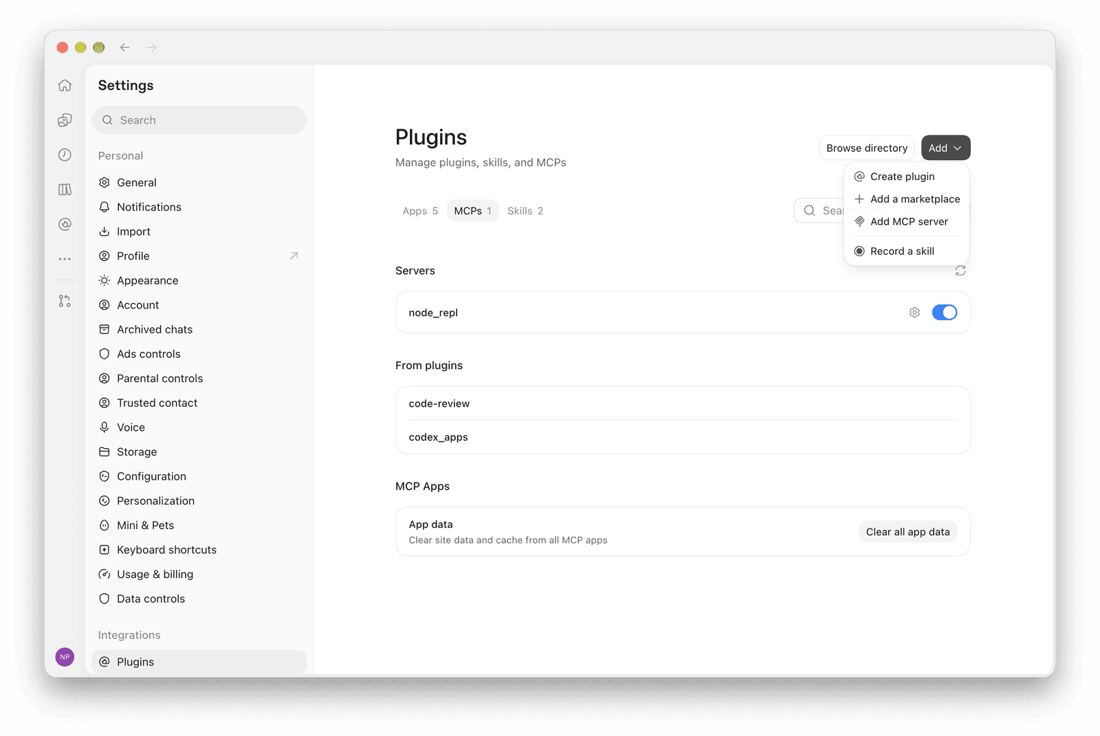 Codex desktop app settings on the Plugins page, MCPs tab, with the Add menu open showing Add MCP server.